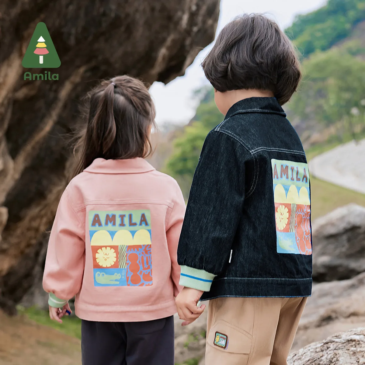 Amila Baby Denim Jacket 2024 Autumn New Boys And Girls Lapel Washed Breathable Threaded Pocket Warm Cartoon Children’s Jacket