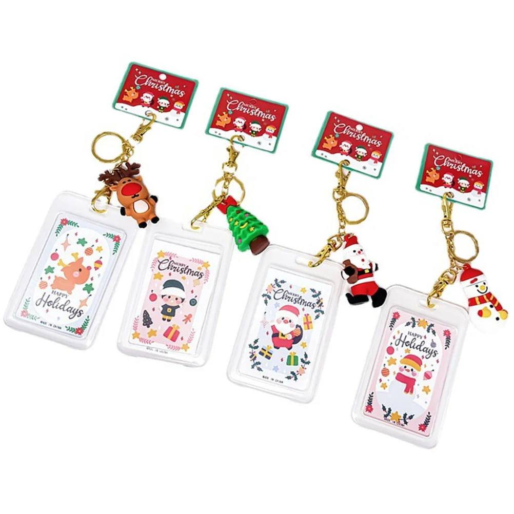 4 Pcs Christmas Card Set Name Badge Holder with Buckle Keychain Useful Portable Id Cards Work Cover for Student Multifunction