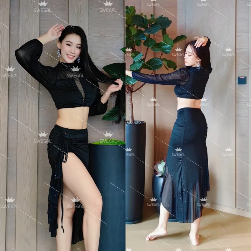 

Индивидуальные костюмы для танца живота, тренировочное платье для восточных танцев, серебряные разбросанные сетчатые рукава-фонарики с кружевной наклонной юбкой, комплект