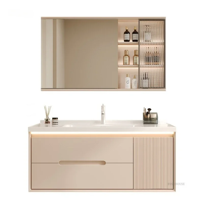 Modern Simple Bathroom Cabinets Ceramic Integrated Basin Solid Wood Sink Cabinet Combination Smart Wash Basin Furniture