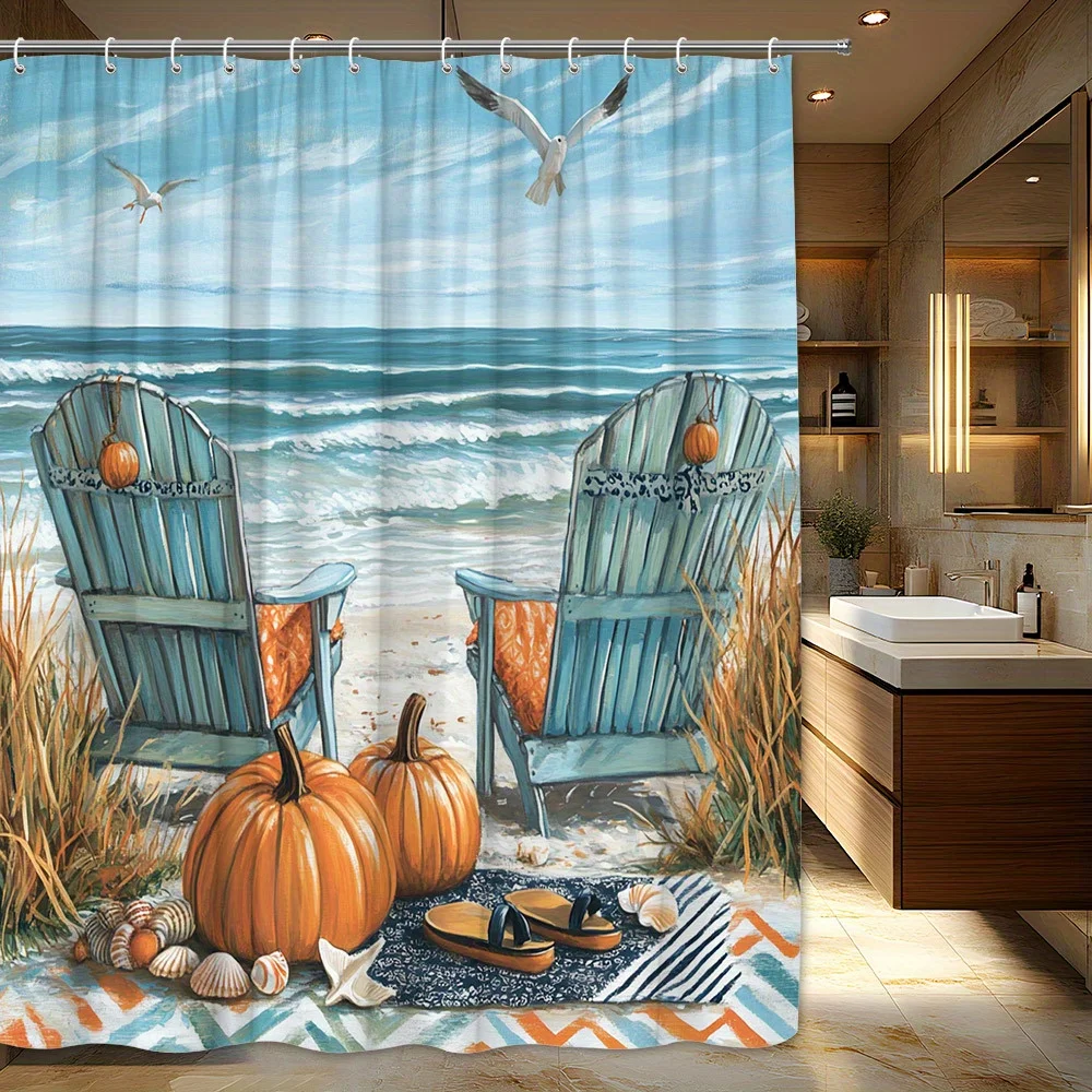 High Quality Coastal Beach Shower Curtain Ocean Seascape Pumpkin Chairs Tropical Summer Nautical Bathroom Decor Polyester