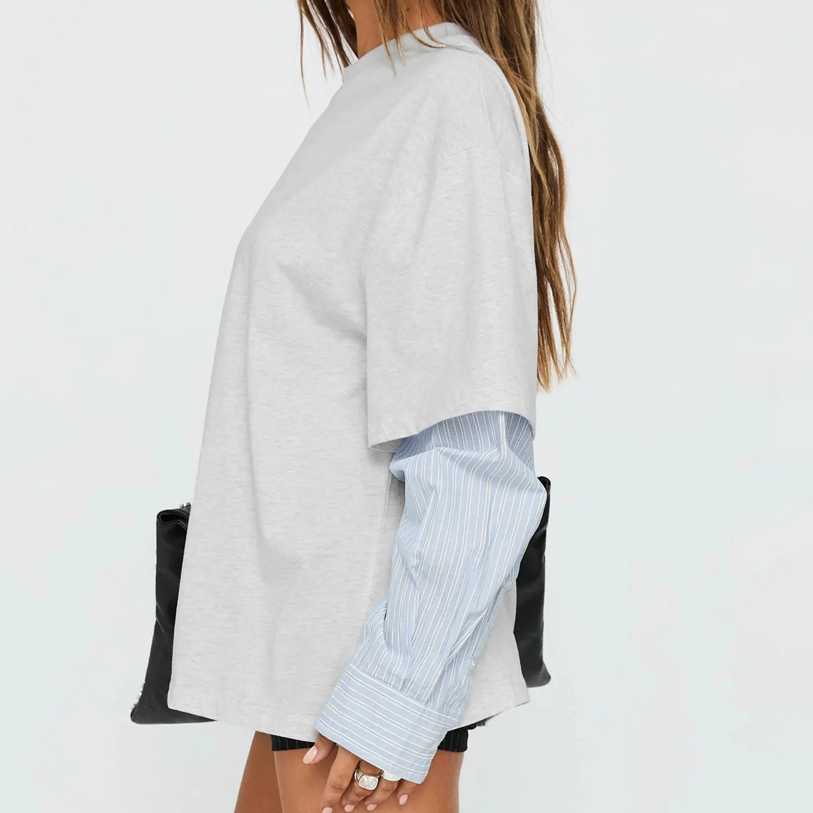 Mulheres falsas camisetas de duas peças soltas contraste listrado manga longa topos para uso diário atividade ao ar livre streetwear