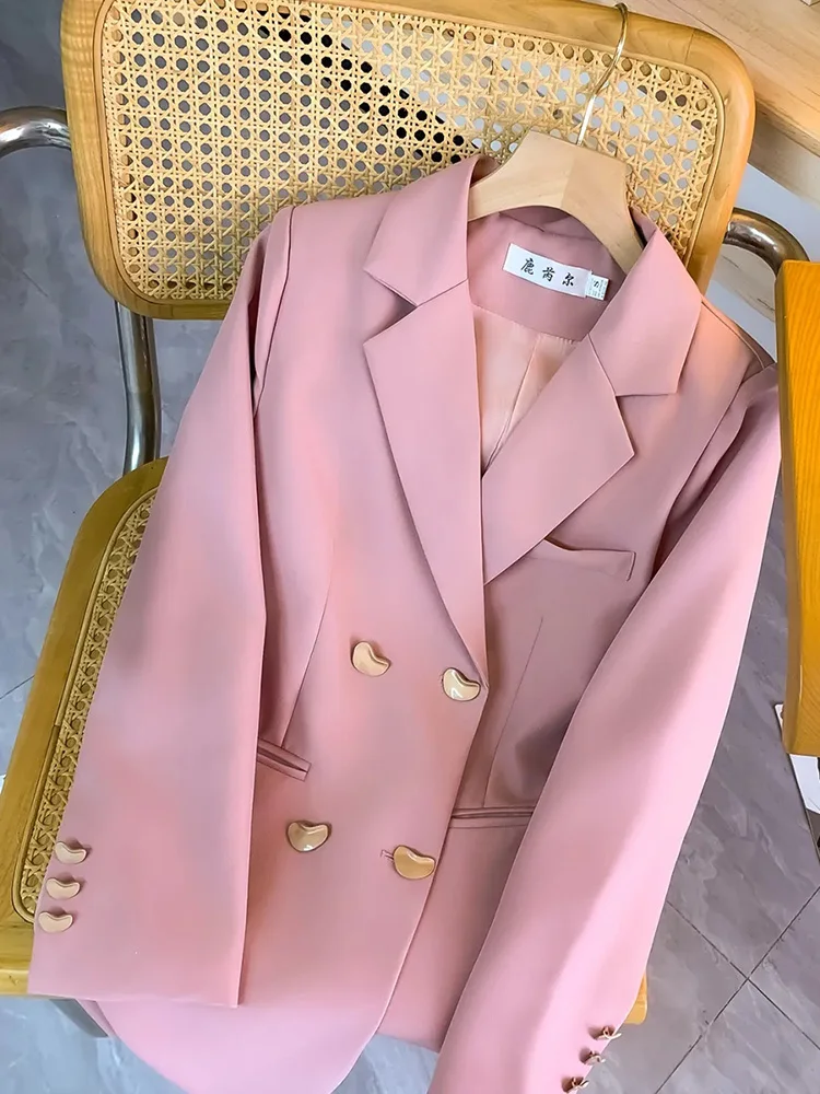 Women Elegant Pink Blazer Fashion Casual Long Sleeve Slim Sweet Suit Coat Korean Spring All Match Female Chic Double Buttons Top