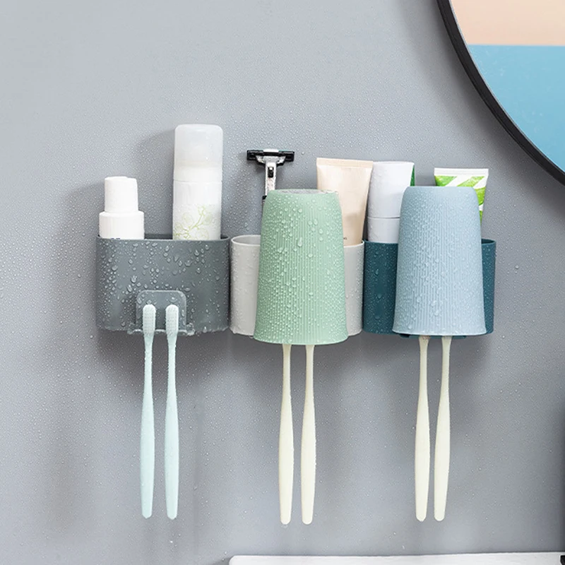 Toothbrush Holder Punch-free Wall-mounted Toothbrush Holder Shaver Toothpaste Mouthwash Cup Storage Rack Bathroom Accessories