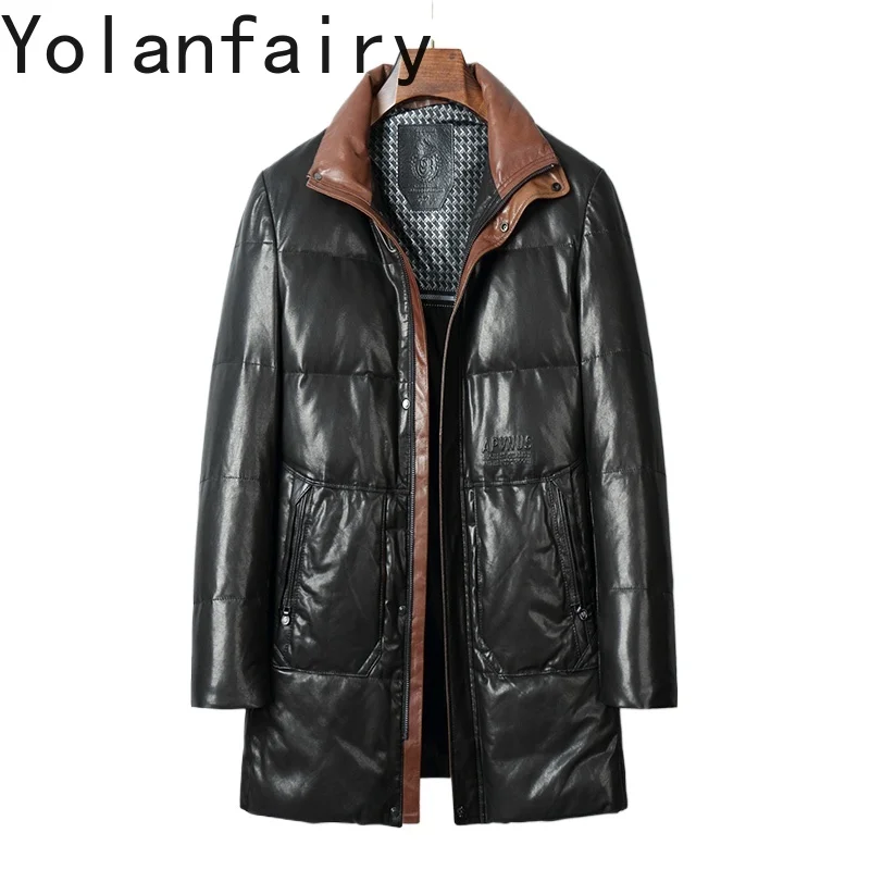 

YOLANFAIRY Real Sheepskin Genuine Leather Down Jacket for Men Winter Mid-length Warm Down Coat Stand Collar 6XL Puffer Coats