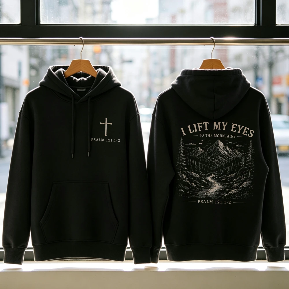 I Lift My Eyes To The Mountains Hoodie Black Christian Faith Pullover Psalm 121:1-2 Sweatshirt Gift for Church Women Men Tops
