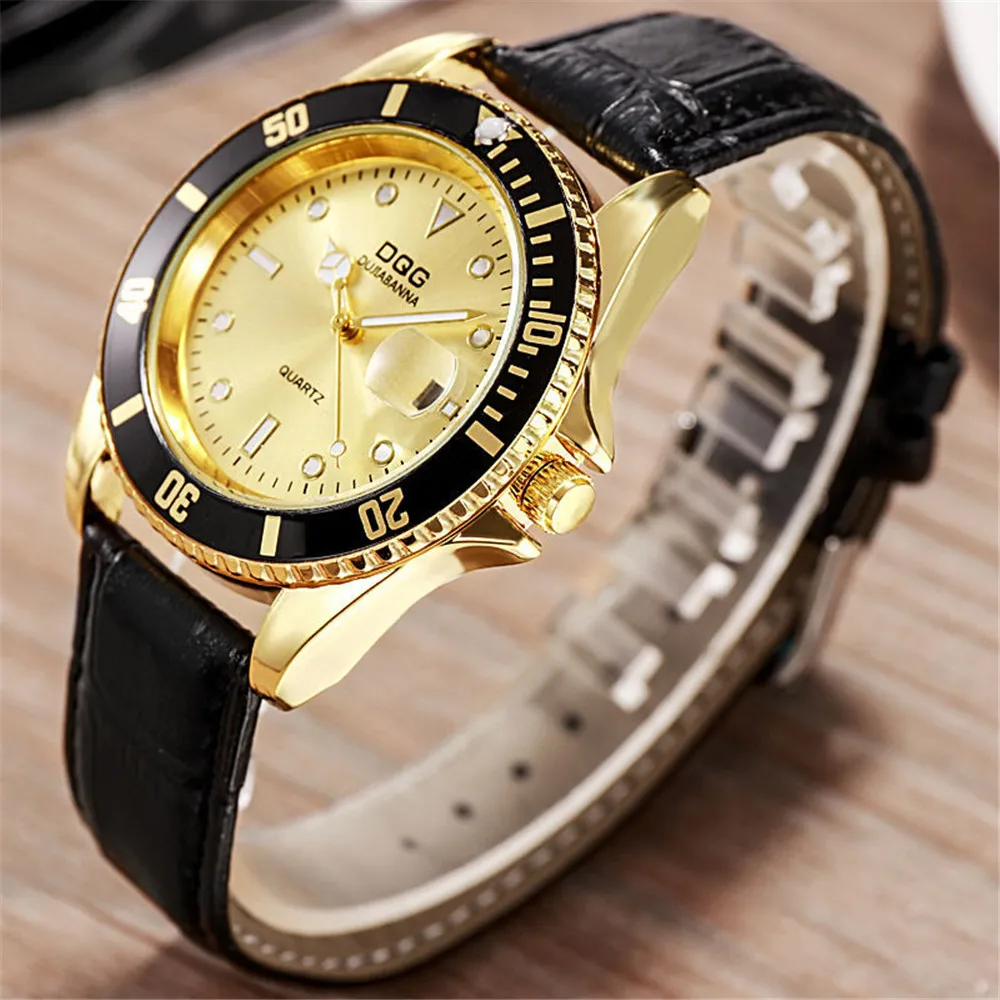 Fashion Black Gold Calendar Large Dial Men\'s Quartz Watches 2023 Hot Sale Business Leather Male Clock Wristwatches