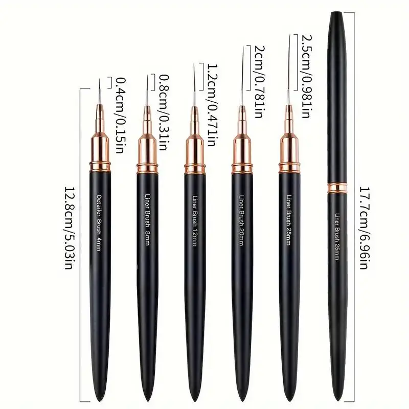 5 Black Nail Art Brushes Set, Detail Striping Brush, Fine Line Pen, Floral Painting, Uv Gel Nail Polish Painting, Nail Art Tools, Sizes 4/8/12/20/25mm