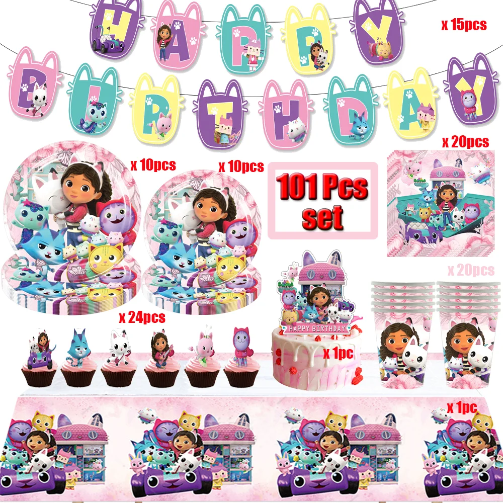 Zestaw dekoracji na przyjęcie urodzinowe Gabby z kreskówki, domek dla lalek, jednorazowa zastawa stołowa, papierowe kubki, talerze, obrus, artykuły na baby shower, akcesoria dla dzieci.