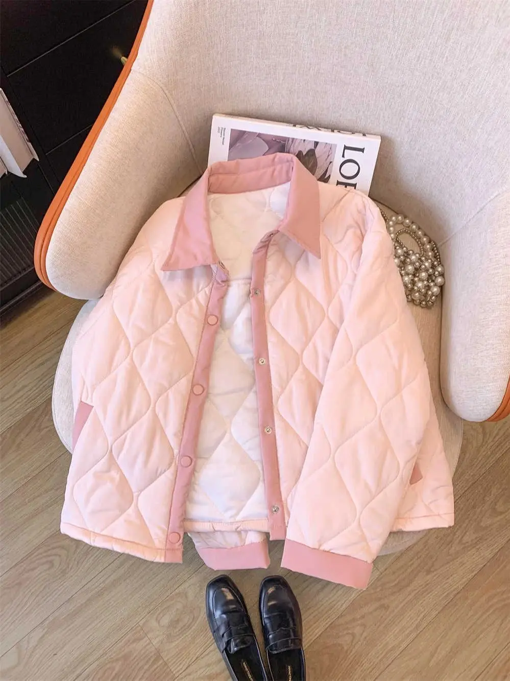 Women Autumn Winter Lightweight Quilted Jacket Warm Outerwear 2024 Fashion Pink Cotton Padded Coats Turn Down Collar Cotton Coat