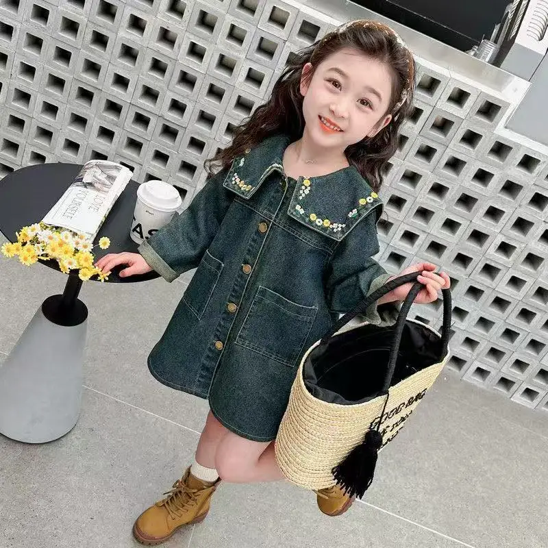 

Girls' Denim Dress Spring and Autumn New Korean Retro Blue Long Sleeved A-line Dress Girls' Embroidered Dress