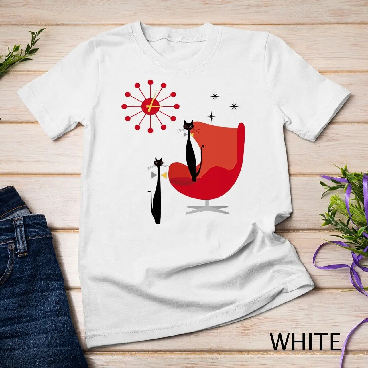 Womens Mid Century Modern Cool Cats With Red Chair & Sunburst Unisex T-shirt