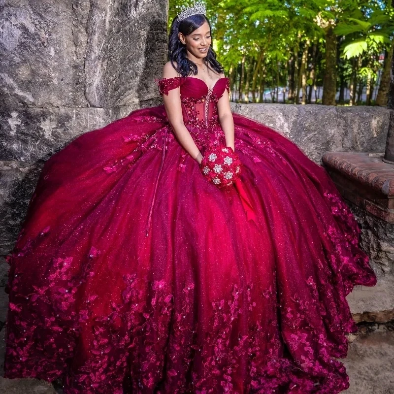 Burgundy Shiny Princess Ball Gown Quinceanera Dresses Off Shoulder Bow Beads Tull With Cape Birthday Party Dress Sweet 16 Dress