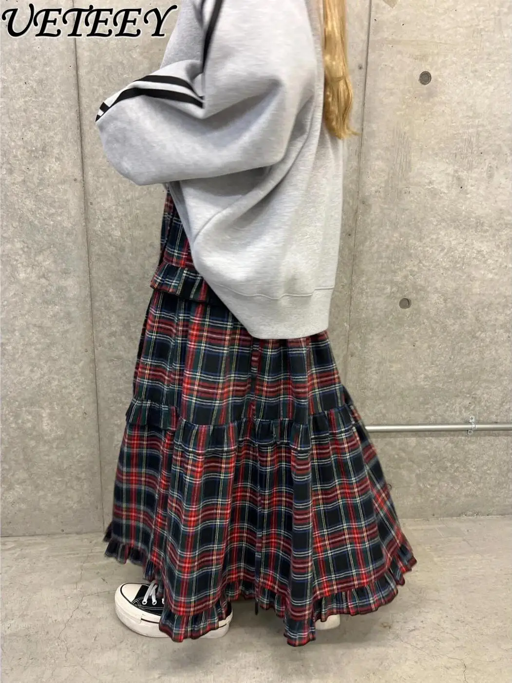 

Japan Korea Plaid Skirt Women Autumn New High-waisted and Thin Long A-shaped Skirt Oversized Strap Splicing Cake Skirts Girls