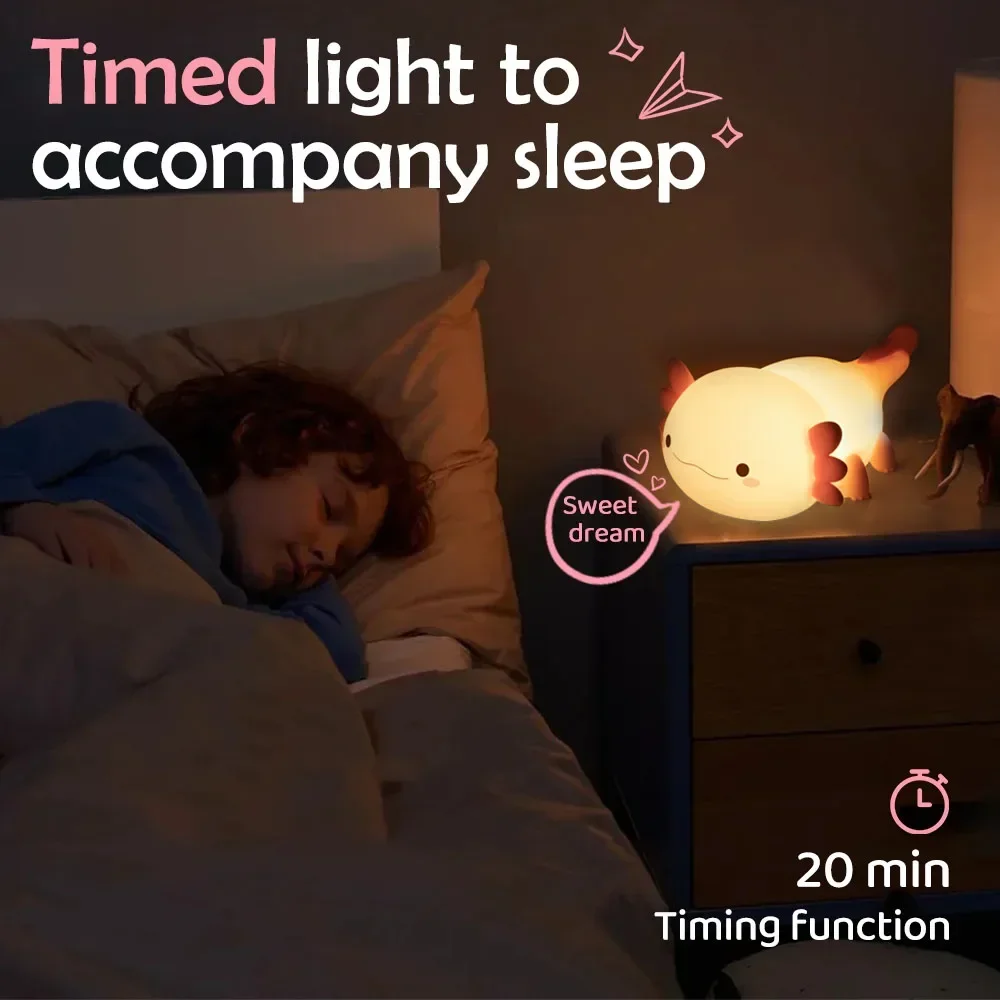 Novità Silicone Axolotl Luce notturna Ricaricabile Asilo nido Lampada per dormire Touch Control Luci notturne per l'arredamento della cameretta del bambino
