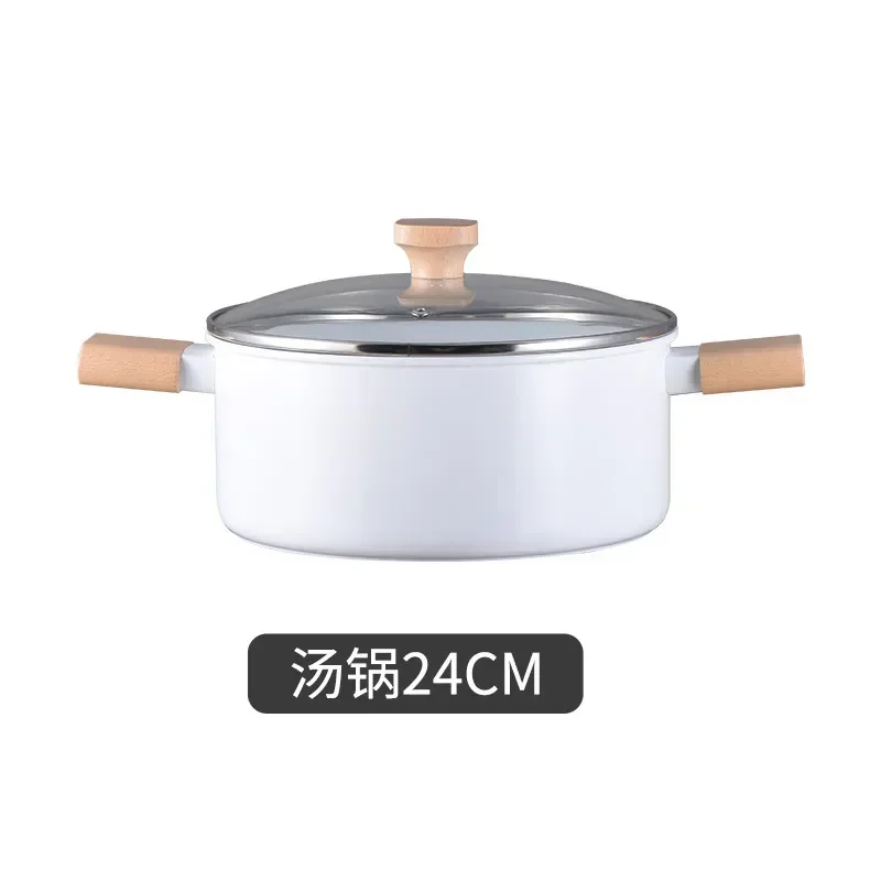 1pcs Double-sided Ceramic Non-stick Pot Japanese Style White Wood Grain Soup Pot Frying Pan Combination Non Stick Cooking Pot