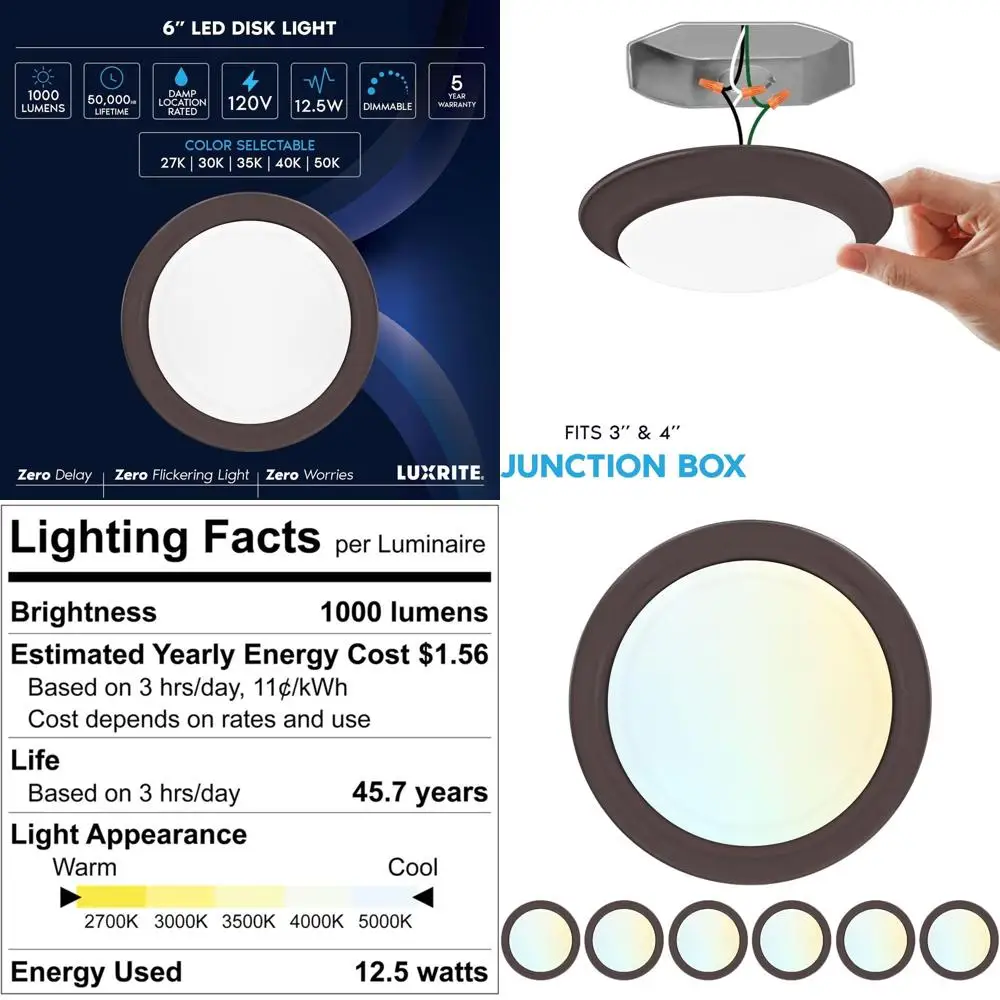

6 Dimmable LED Flush Mount Ceiling Lights, 5000K-2700K Adjustable, 12.5W, 1000LM, Bronze, 6-Pack