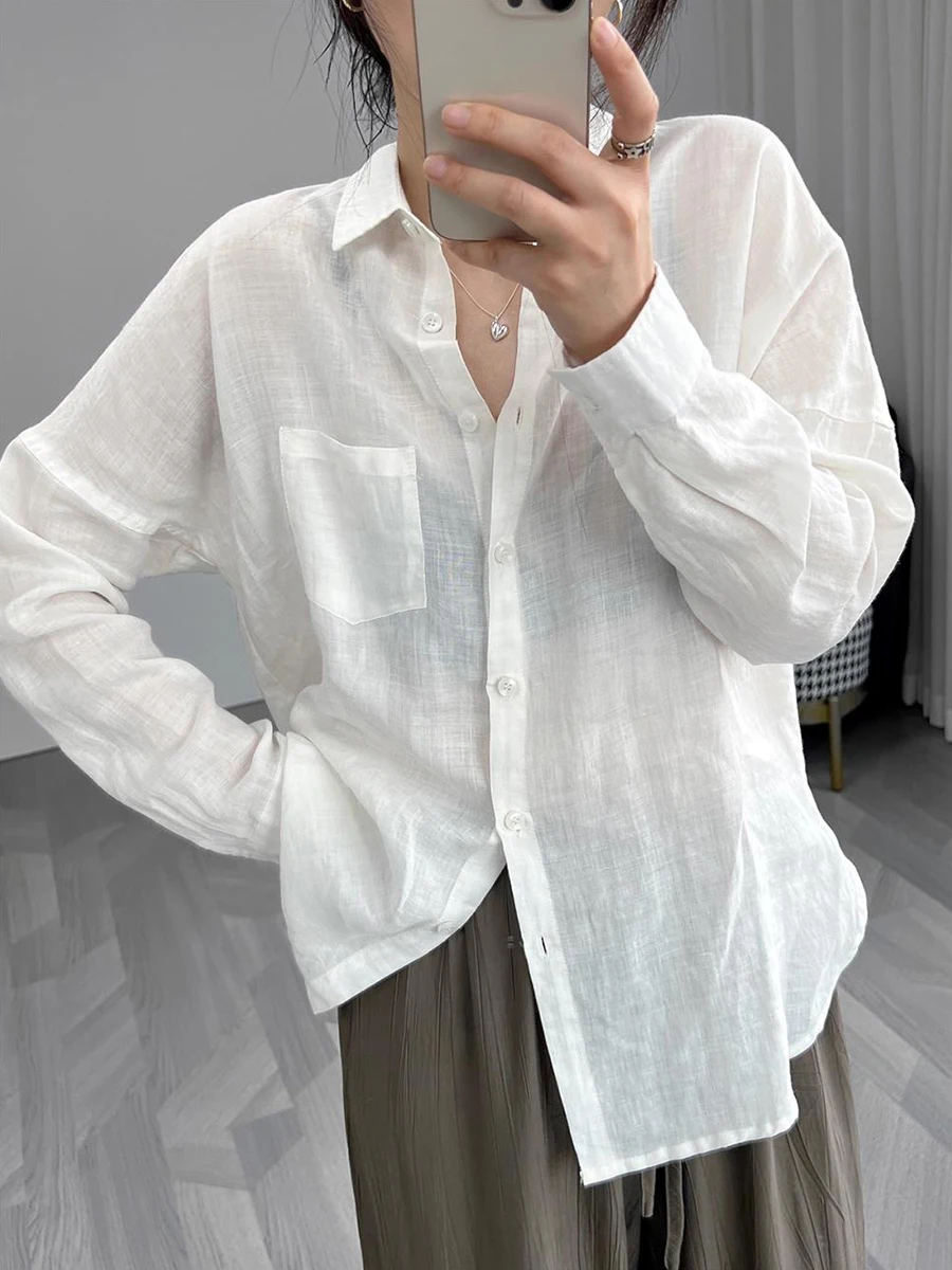 Korean Fashion Lady Spring Summer Ramie Blouse Sheer Breathable Cool Loose Long Sleeves Single Breast Women Shirt