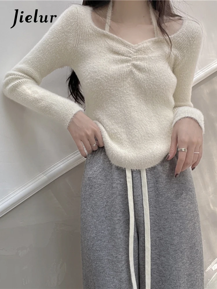 

Jielur Autumn Solid Color Slim Pullovers Woman Sexy Sweet Casual Knitted Pullovers Female Apricot Pink Purple Street Pullovers