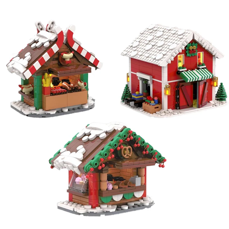 MOC Santa Claus Street-side Workshop  Grilled Meat House Coffee House Christmas Action Figures Building Blocks Kid Toys Gift
