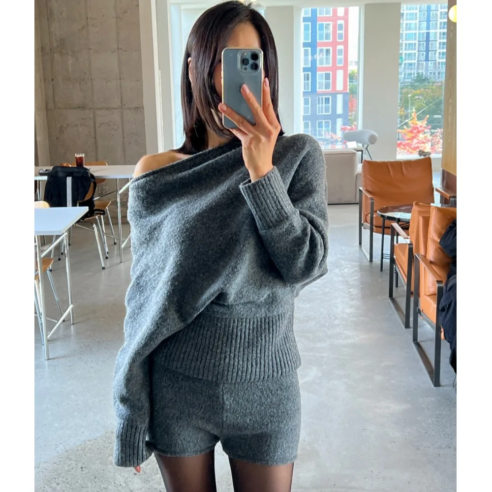 South korea Chic Autumn French sle Temperament Irregular Oblique Collar off-the-Shoulder Knit sweater + High Waist Curling ...