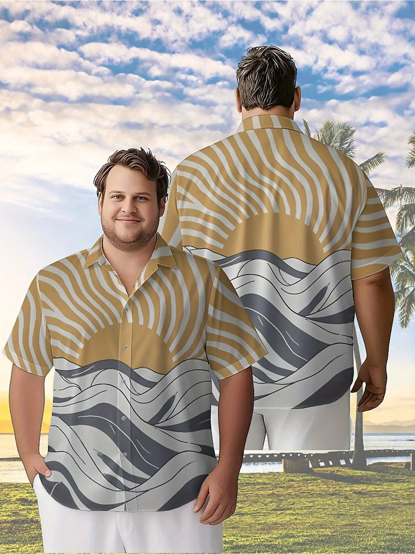Men's Plus Size Hawaiian Shirts Sunshine and Waves Pattern,New in Summer Fashion Tops,Hip Hop Rock Streetwear