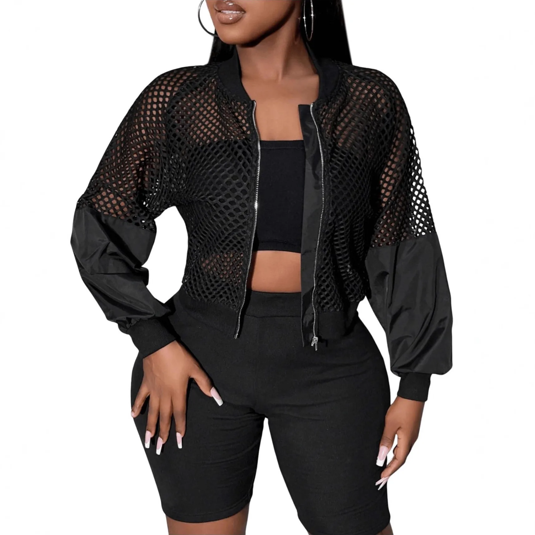 Women's Casual Mesh Stitching Trendy Baseball Uniform Solid Color Zipper Thin Jacket