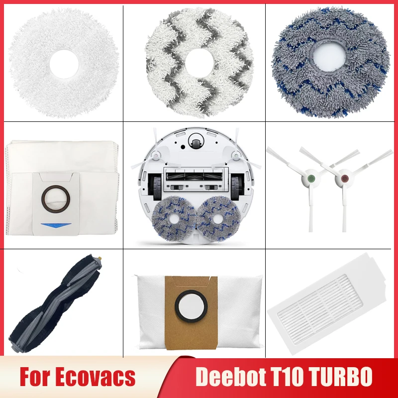 Substituição para ecovacs deebot t10 turbo aspirador de pó robótico principal/escova lateral filtro hepa mop pano sacos poeira peças reposição