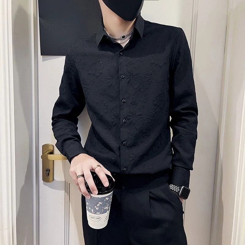 Men Premium Jacquard Long Sleeve Shirt Slim Fit Trendy Early Autumn Fashion Top
