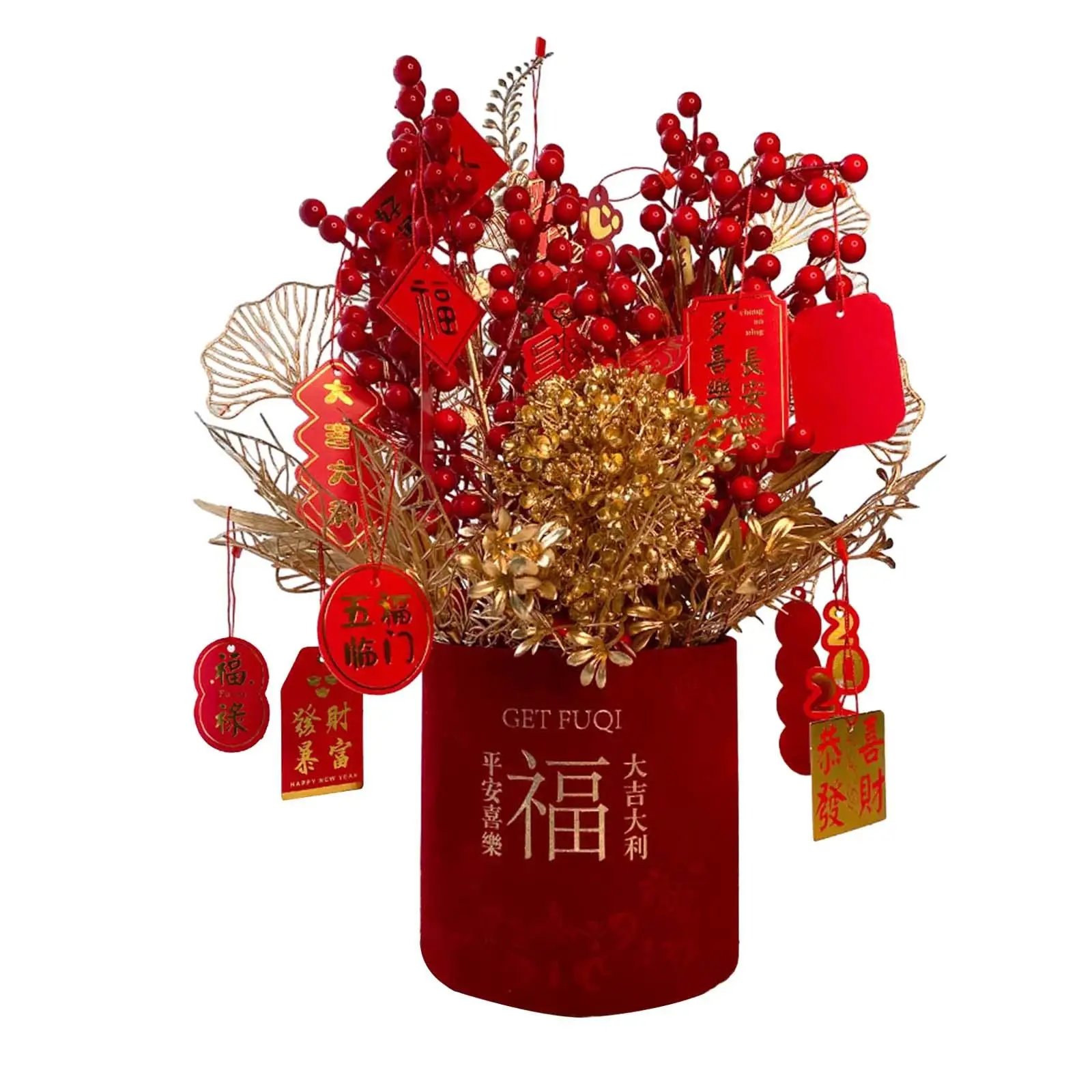 

New Year Lucky Flower Vase Flowerpot Props Desktop Red Berries Bouquet Bucket for Study Room Hotel Dorm Party Supplies Holidays