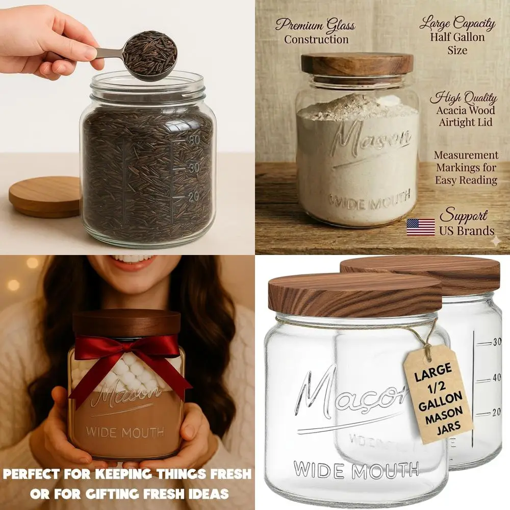 

Half-Gallon Wide Mouth Glass Jars with Lids, 64 oz Storage Jars for Canning, Pantry, Flour, Dry Goods - 2 Pack
