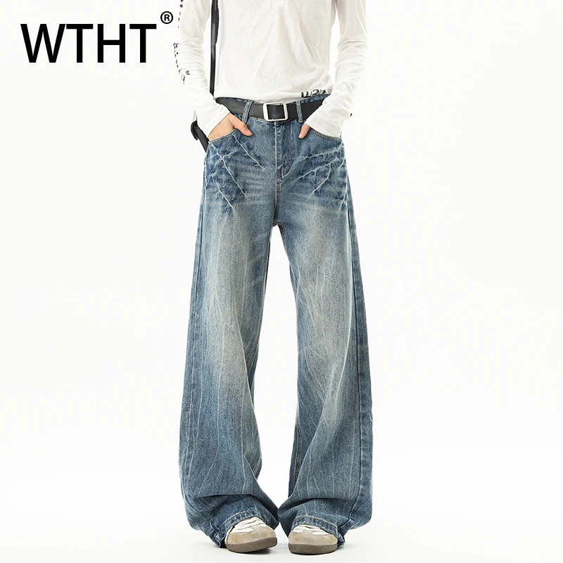 

WTHT Fashion Men's Wash Do Old Texture Design Denim Pants Trendy High Street Straight Loose Jeans Male 2026 Spring 2A2795