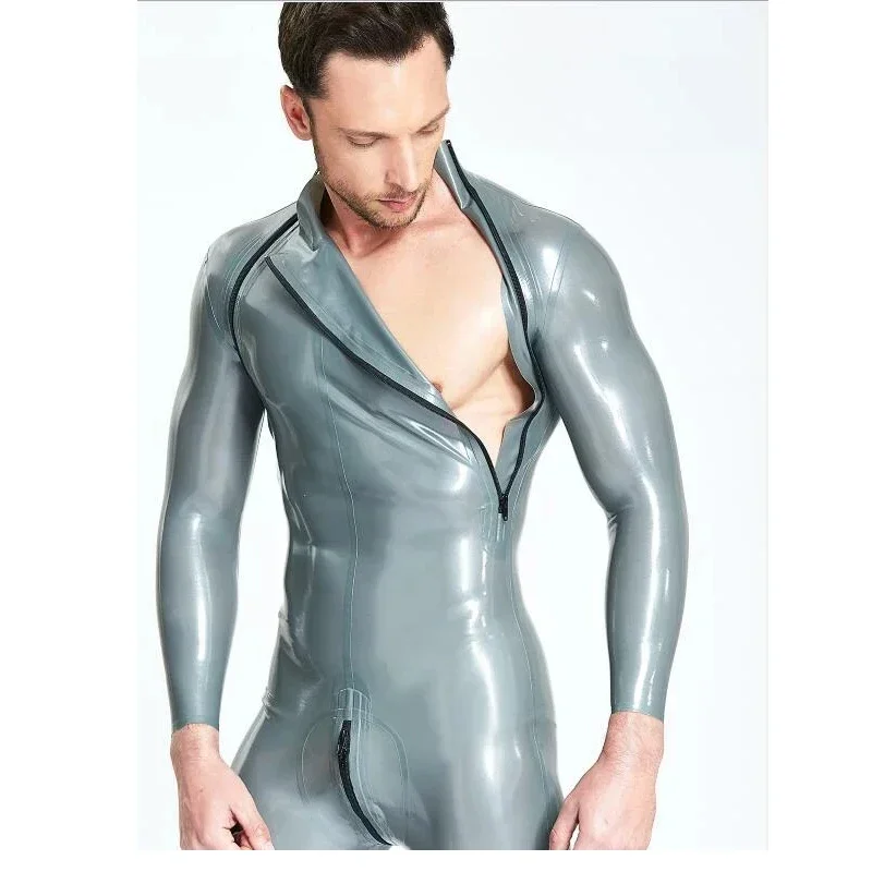 Natural Latex Male Shoulder-Zip Catsuit Double-Diagonal Zipper Rubber Bodysuits with Crocth Zipper for Men Cosplay Costume