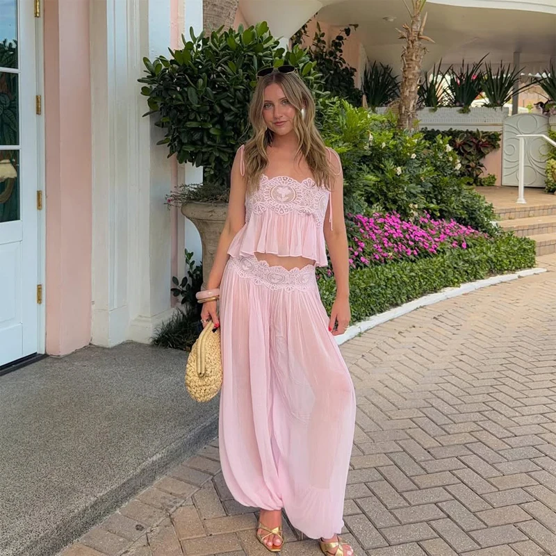 Damen-Hosenanzug mit transparenten Lagen, Spaghettiträgern, rückenfreiem Spitzenoberteil, einfarbig, locker geschnitten, mit elastischem Saum, modische Strand-Chic-Anzüge