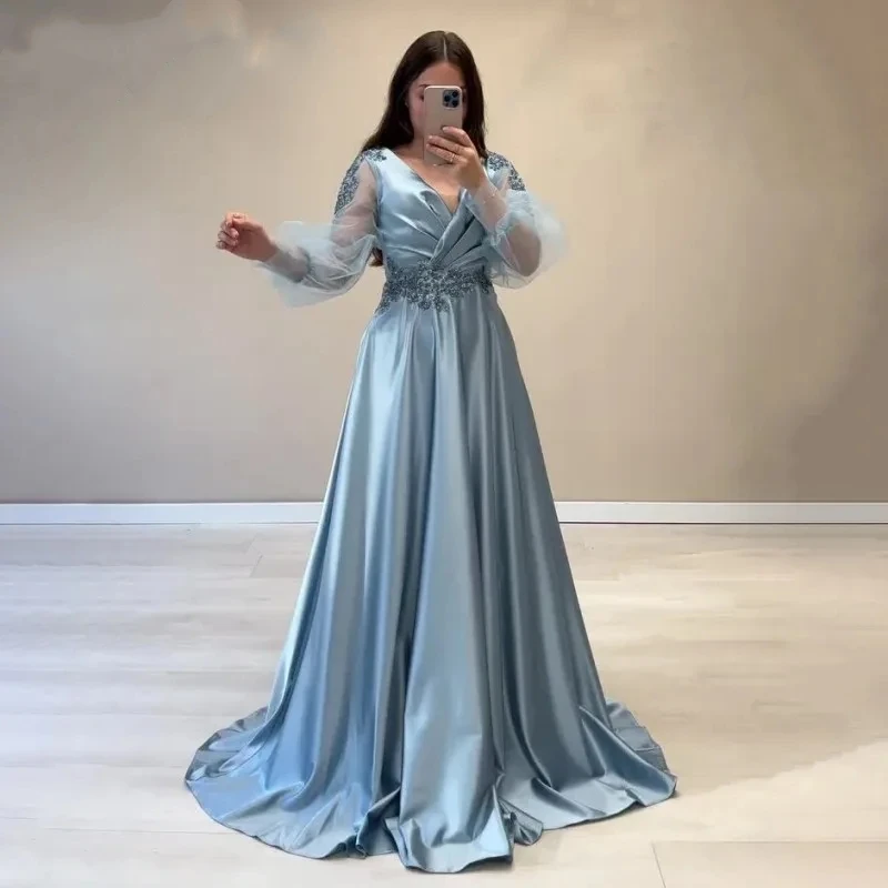 Blue Satin A Line Puffy Sleeve V Neck Evening Dresses For Wedding Party Dubai Beaded Formal Prom Dress Arabic Party Gown 2024