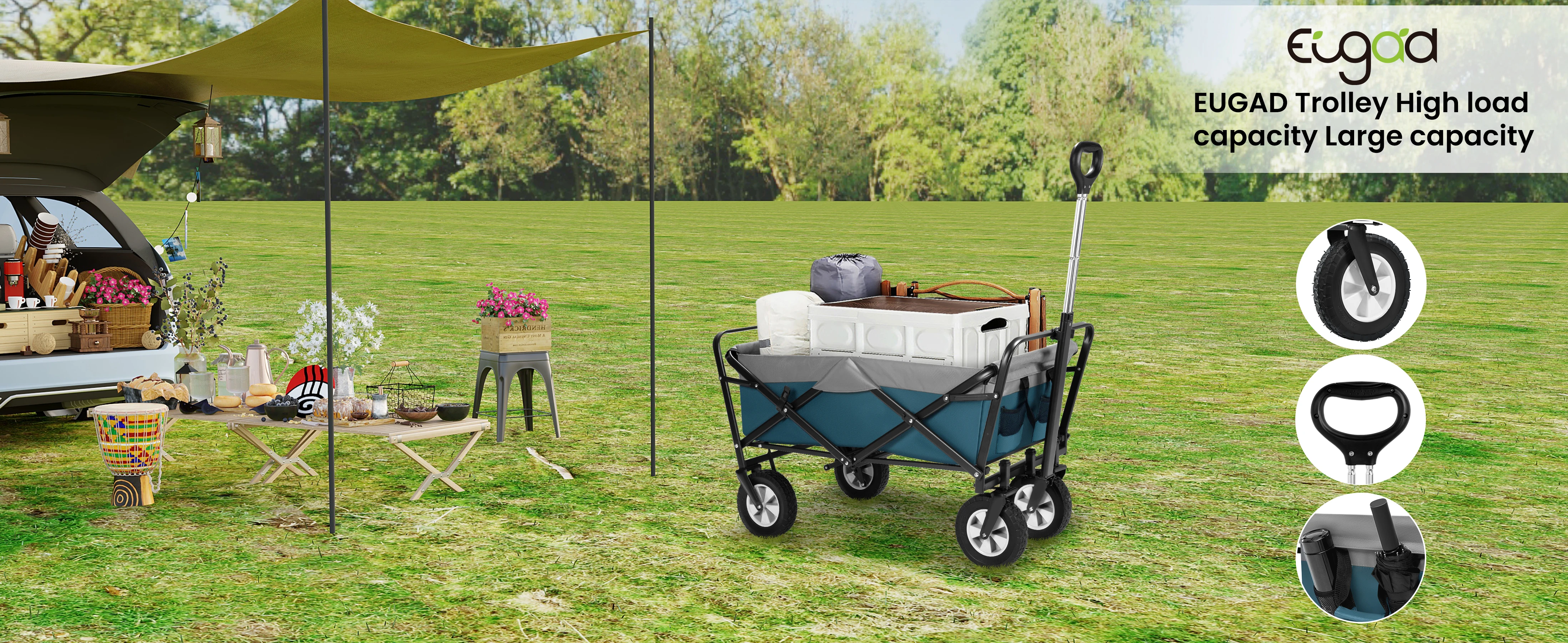 EUGAD Faltbarer 600D Oxford Camping-Trolley mit Griff/Rädern, Klappbarer Picknick- und Strandwagen für Outdoor und Garten – Detail 6