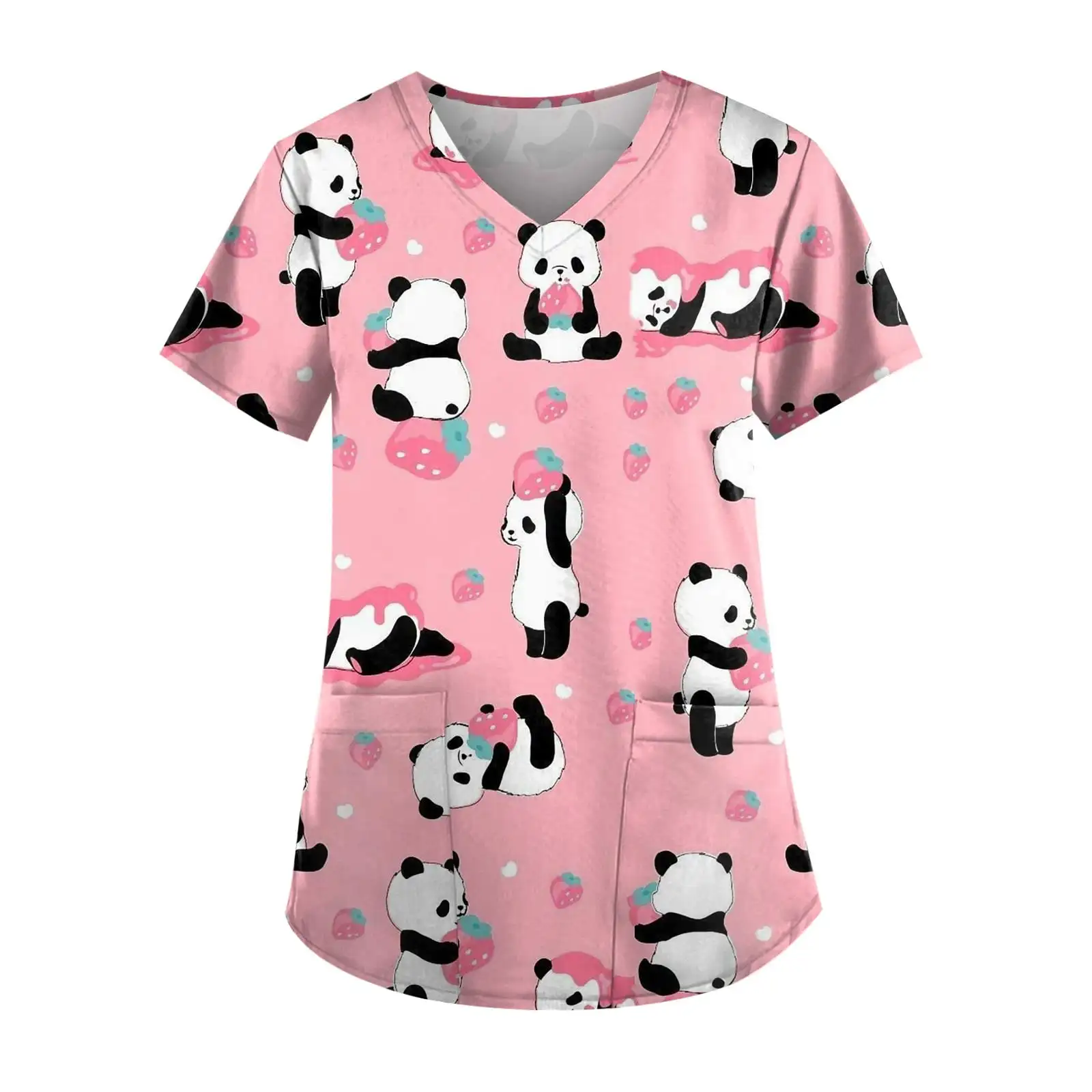 Surgical Uniforms for Women Cute Panda Pattern Printing Casual V-Neck Nurse Short-Sleeved with Pockets Women's Medical Uniforms