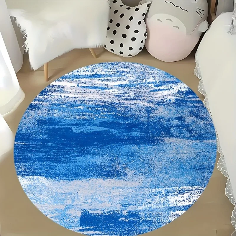Abstract Brushed Art Round Carpet Blue White Vintage Texture Print Floor Mat for Living Room Bedroom Dorm Indoor Decor Ornament