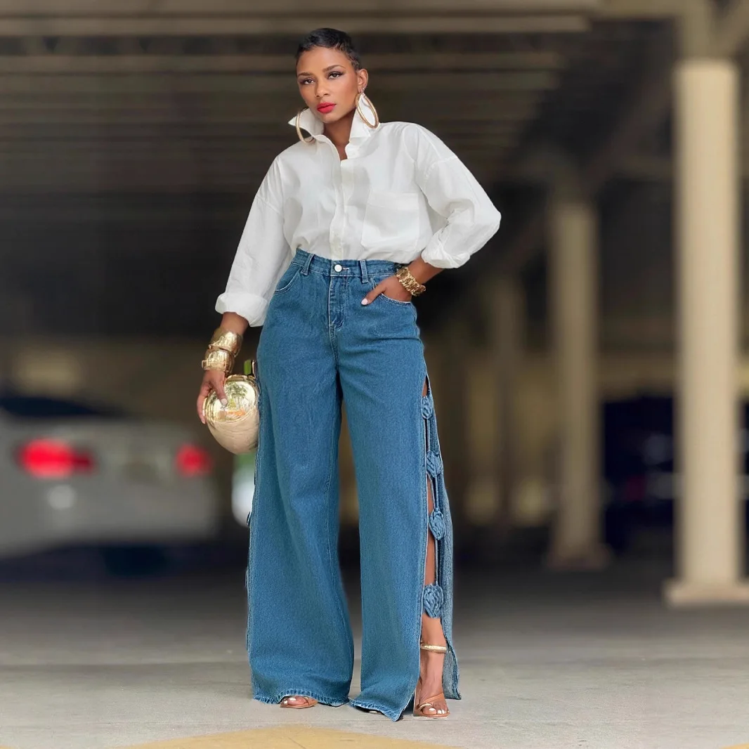 Denim Jeans Women Cut Out Side Slit Pants 3D Rose Zipper Fly High Waist Full Lenth Wide Leg Pant Y2K Streetwear 2025 Summer
