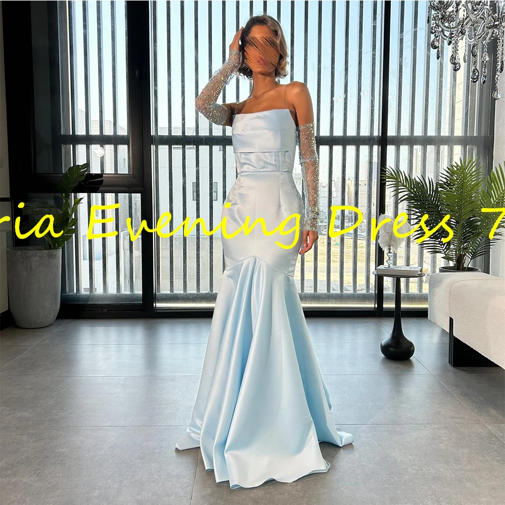 Customized Modern Mermaid Floor Length Strapless Jersey Detachable Sleeve Crystal Evening Dress Classic vestidos para mujer