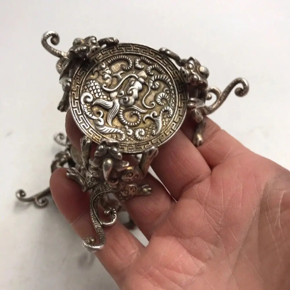 

Old Chinese Tibet Silver Handmade Kylin Tripod Candlestick Tea Tray Statue