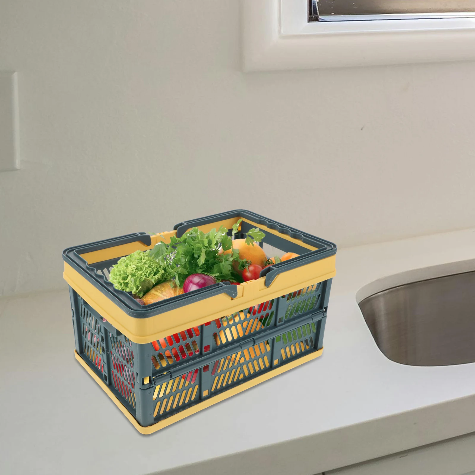 

1PC Plastic Folding Shopping Basket Picnic Basket Snacks Fruit Vegetable Foldable Basket Home Storage Organizer (Blue and Yellow