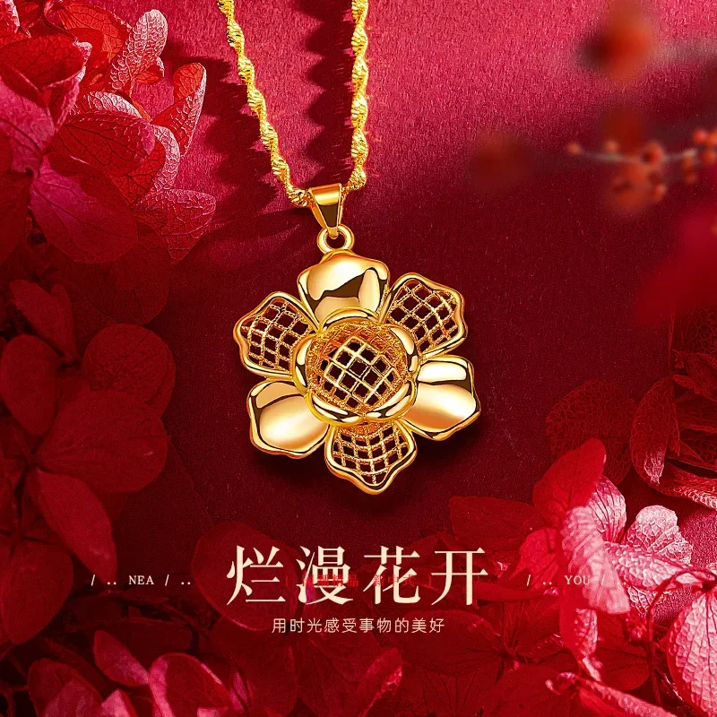 9999 Real Gold 24K Ethnic Style Big Flower Necklace 24k Gold Temperament Flower Pendant for Mother Gift