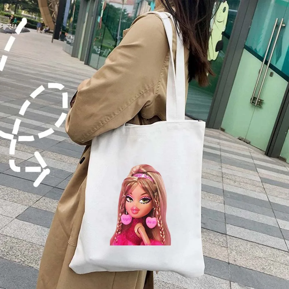 Lovely Cute Babygirl Bratz Doll Girlz Sexy Cartoon Pink Girl Women Shoulder Shopper Shopping Canvas Tote Bag Female Lady Handbag