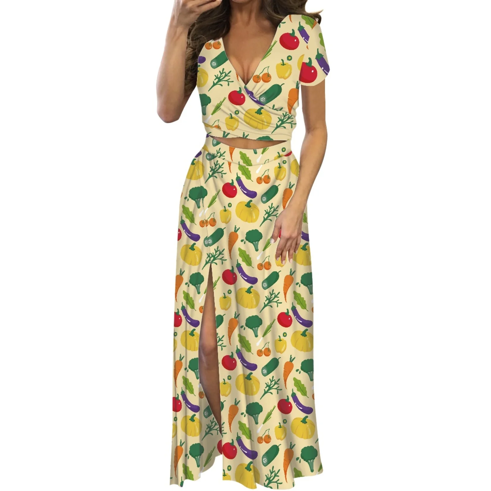 Samoa Tribal Summer Beach Party Women's Low-cut Maxi Dress Vegetable Print Two-piece Split Dress V-neck Short-sleeved Dress