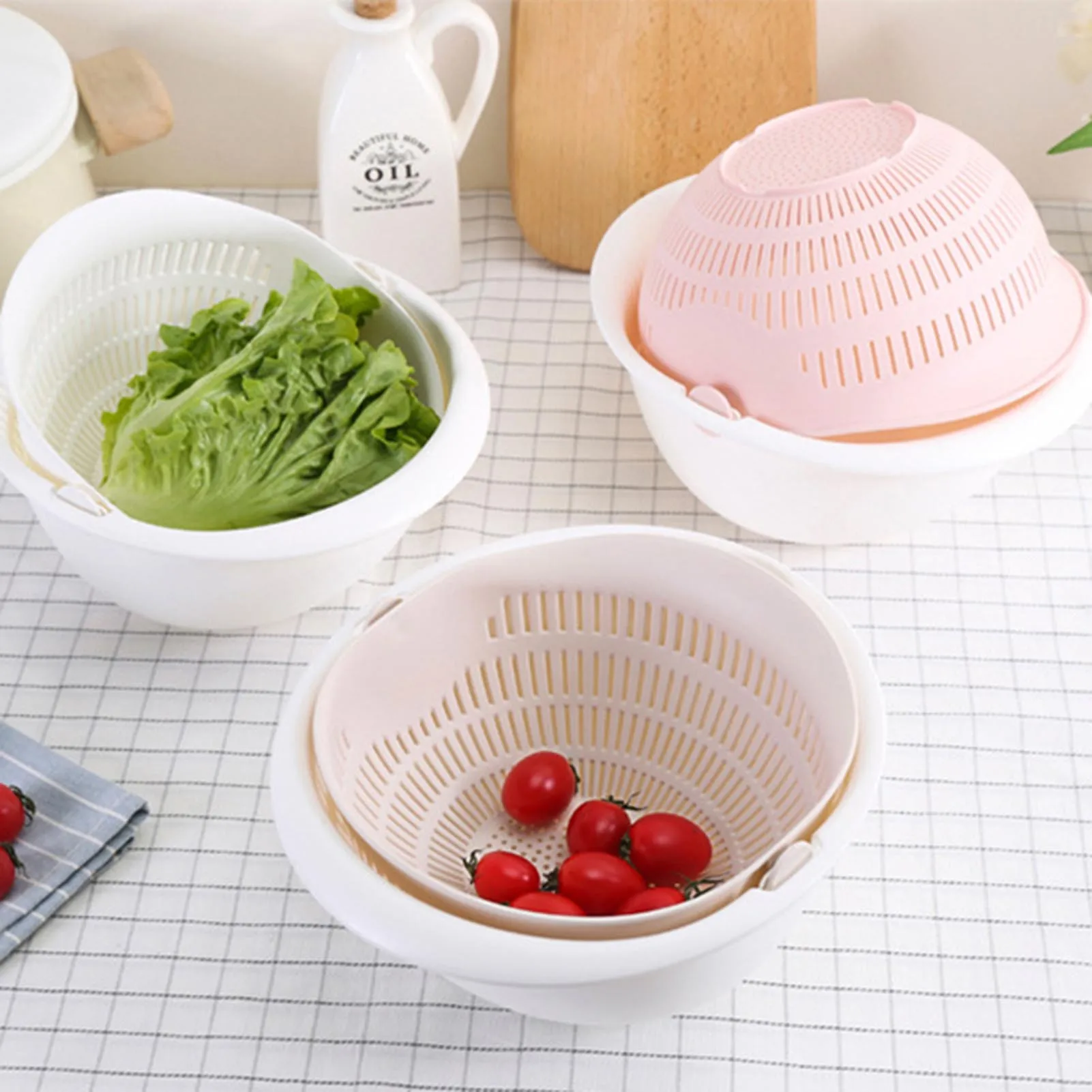 

Multifunctional Draining Basket Double Kitchen Fruit And Vegetable Round Plastic Dishwashing Basket Rotating Washing Basket