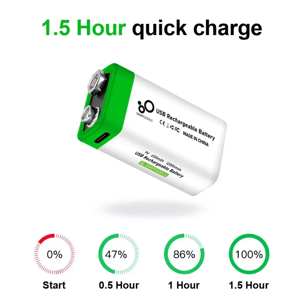 9V Li-ion Battery Rechargeable Battery 6F22 650mAh for RC Helicopeter Model Multimeter Microphone +USB Type-C Charging Cable