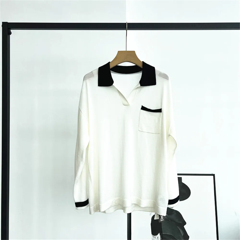 

25. Ранняя осень, женский свитер, пуловер с лацканами, карманами контрастного цвета, свободный шерстяной вязаный топ с длинными рукавами