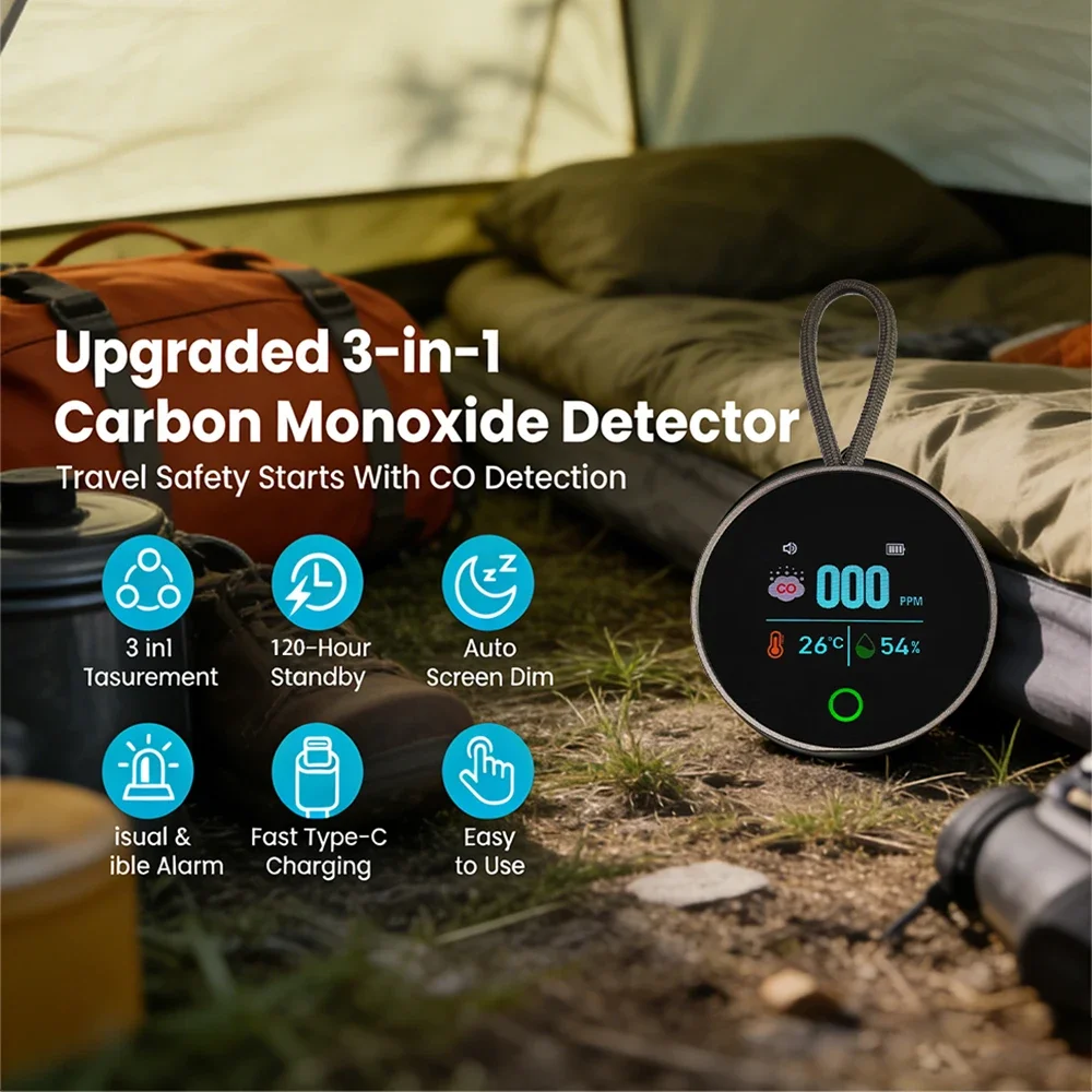 FMAi K5S Portable 3-in-1 CO Detector with Temp & Humidity Sensor for Home, Travel, Car & Camping