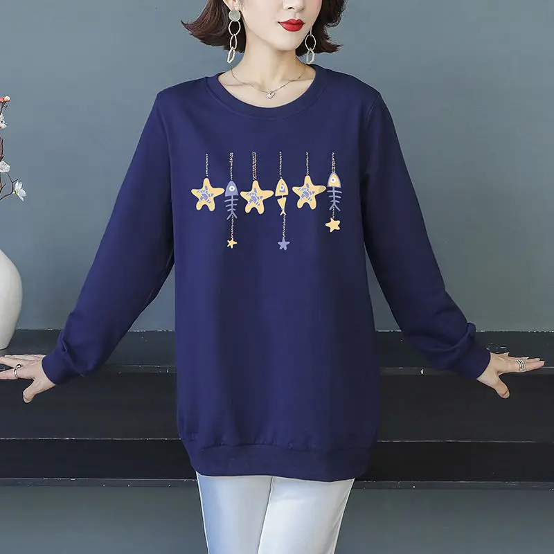 Women Autumn Winter Korean Fashion 2022 Long Sleeve Round Neck All-match Pullover Female Clothes Print Casual Loose Tunic Tops